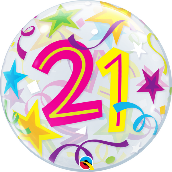 Clear balloon with colorful number '21' and stars on a white background