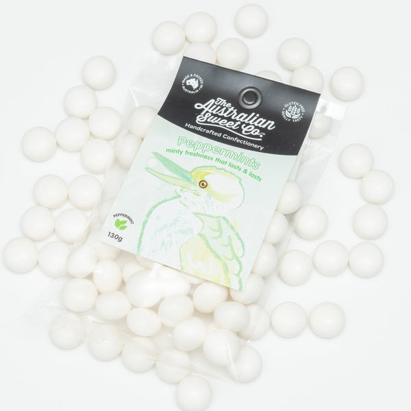 Australian Sweet Box peppermint candies with packaging on a white background
