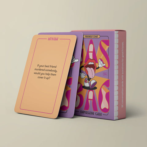The image shows a boxed set of 'Gasbag Conversation Cards Friends 18+', with a vibrant pink and purple design featuring a cartoon clown character and text excerpts from the game.