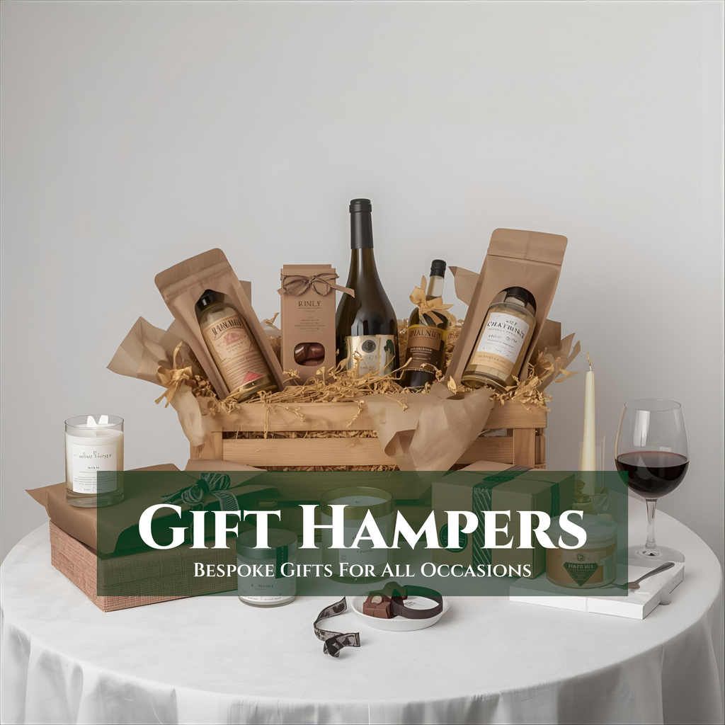 Gift hamper with wine bottles, candles, and other items on a white tablecloth.