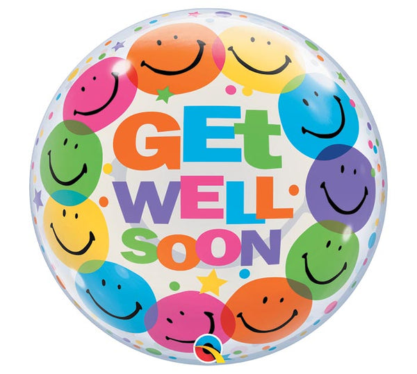 Colorful balloon with smiley faces and 'Get Well Soon' text on a white background