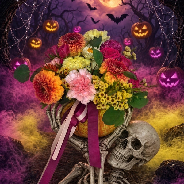 A Halloween-themed floral arrangement in a basket held by a decorative skeleton, surrounded by jack-o'-lanterns, cobwebs, bats, and a full moon. The bouquet contains orange, pink, yellow, and green flowers with a magenta ribbon.