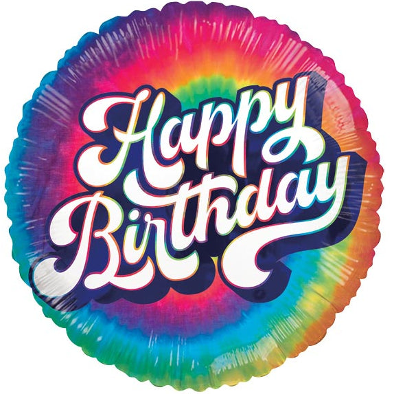 Colorful tie-dye balloon with 'Happy Birthday' text on a white background