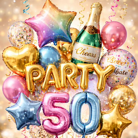Colorful balloons with 'PARTY 50' text and a bottle of champagne on a glittery background