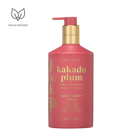Pink pump bottle labeled 'Kakadu Plum Hand & Body Wash' with additional text indicating the product is antioxidant enriched, with wild rosella extracts, and that it hydrates and revitalizes skin.