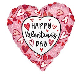 A heart-shaped foil balloon with 'Happy Valentine's Day' text and a pattern of red and pink hearts.