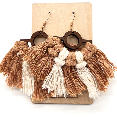 Handcrafted Timber & Macrame Drop Earring - Brown & White