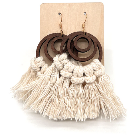 Handcrafted Timber & Macrame Drop Earring - White