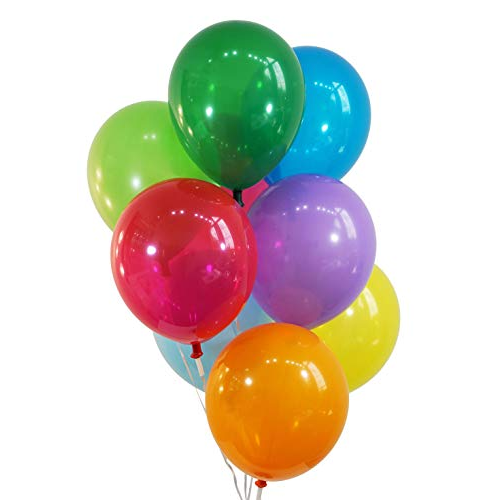 A bunch of colorful latex balloons tied together, including red, green, blue, purple, yellow, and orange.