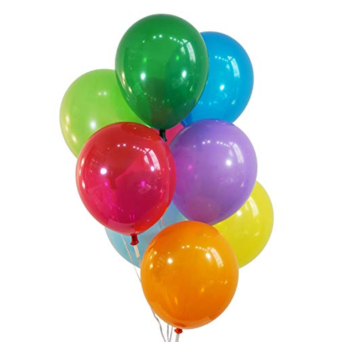 A bunch of colorful latex balloons tied together, including red, green, blue, purple, yellow, and orange.